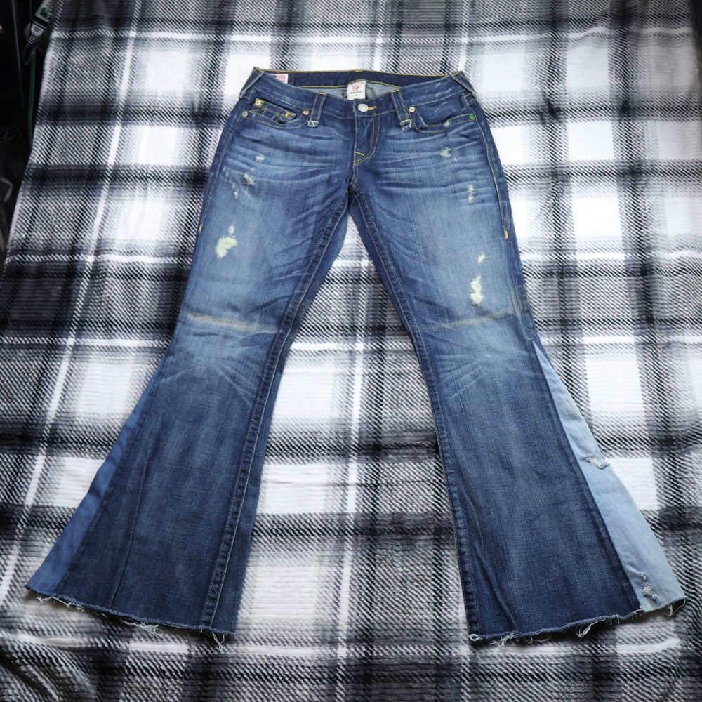 True Religion Bobby Flare Jeans 31x32" Distressed Paneled Bell Bottom Med Wash